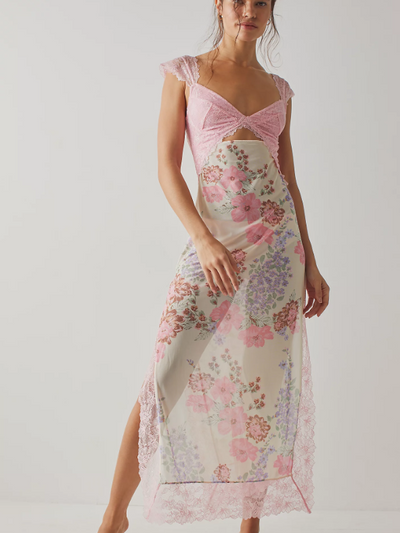 Hollow Out V Neck Lace Floral Print Dress