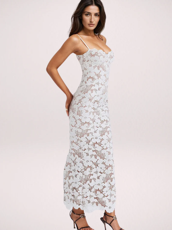Spaghetti Strap Floral Crochet Slit Maxi Dress Spaghetti Strap Floral Crochet Slit Maxi Dress