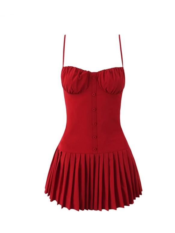 Red Short Pleated Flare Dress