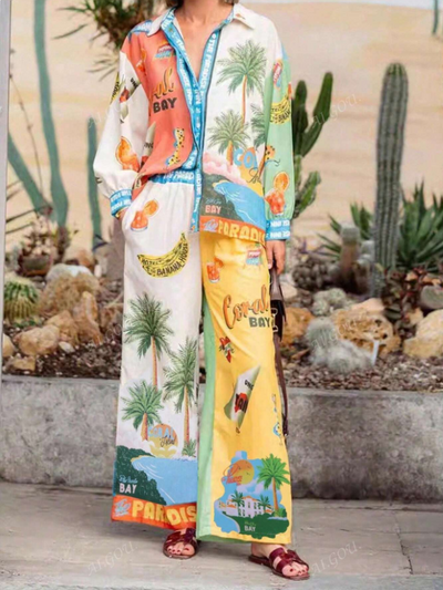 Summer Paradise Beach Print Shirt & Pants Coord Set
