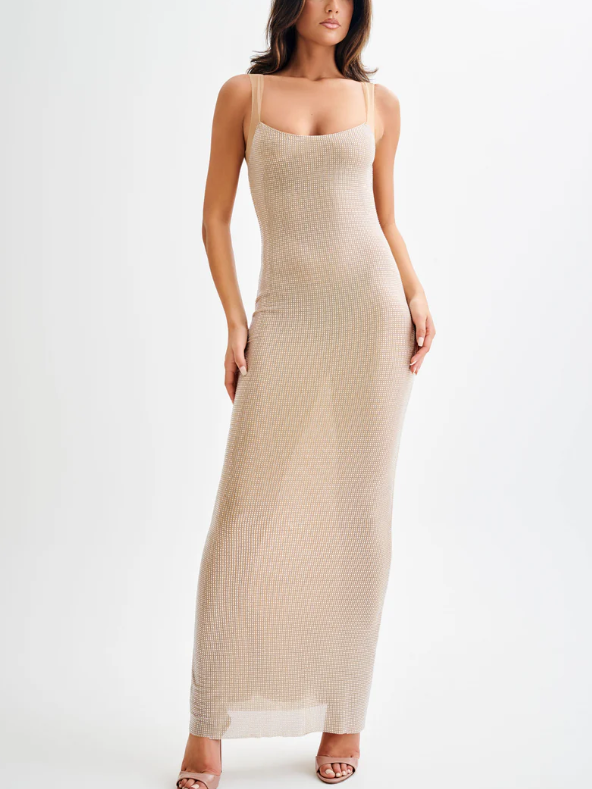 Scoop Neckline Backless Rhinestone Mesh Dress