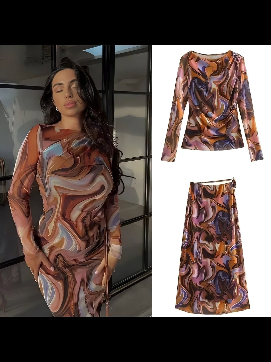 Mesh Abstract Print Full Sleeves Top & Skirt Coord Set