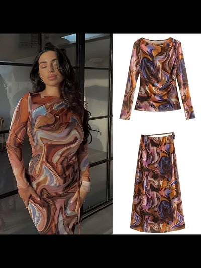 Mesh Abstract Print Full Sleeves Top & Skirt Coord Set