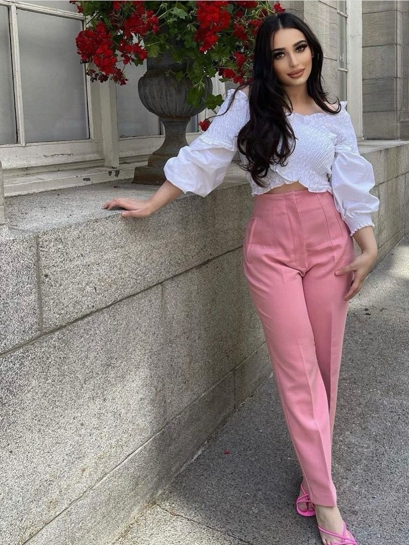 Pink High Waist Ankle Length Pants
