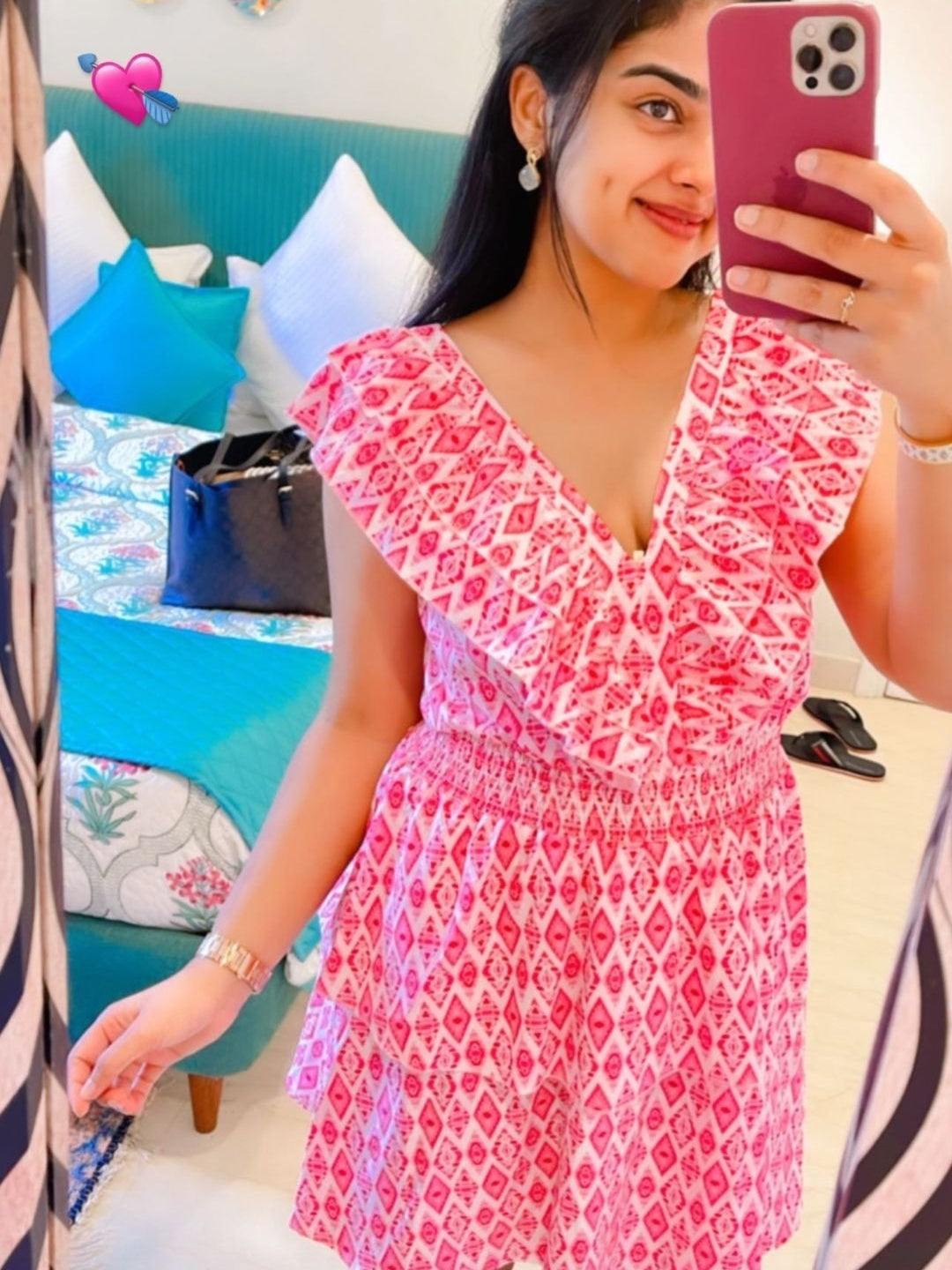 Pink V Neck Sleeveless Double Layer Print Dress