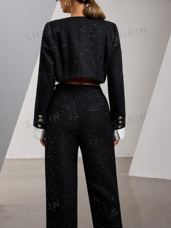 Tweed Sequins Crop Coat & Wide Leg Pant Coord Set