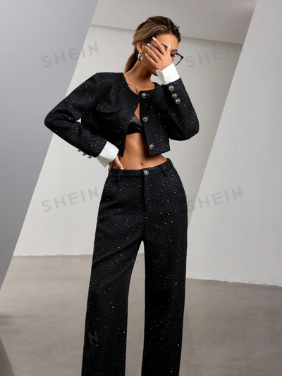 Knitted Sequins Crop Coat & Wide Leg Pant Coord Set