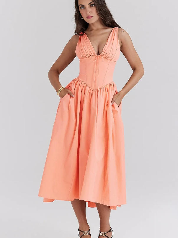 V Neck Boning Corset Flare Midi Dress V Neck Boning Corset Flare Midi Dress