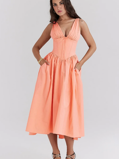 V Neck Boning Corset Flare Midi Dress