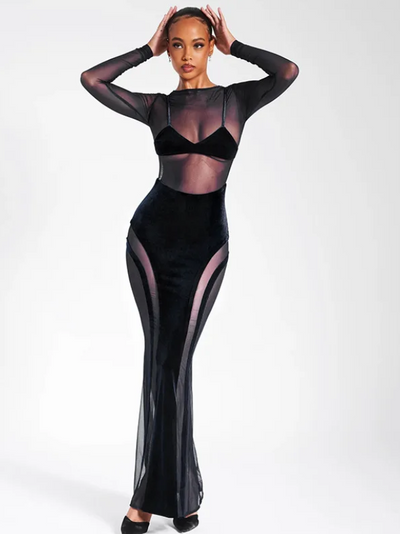 Long Sleeve Mesh Bralette See Through Sheath Dress