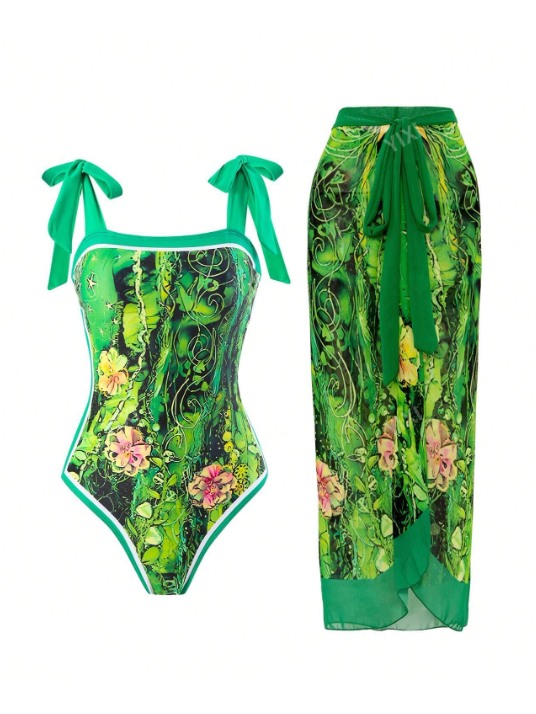 Floral Printed Swimsuit & Skirt Coord Set