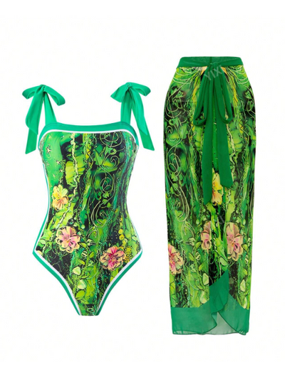 Floral Printed Swimsuit & Skirt Coord Set