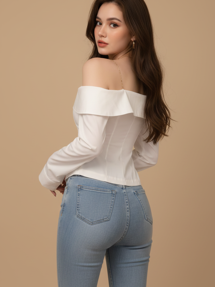 Off-Shoulder Asymmetric Lace-Up Shirt in white with a ruffled neckline, paired with light-blue jeans