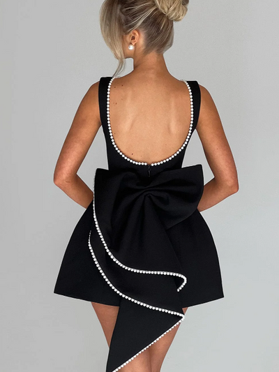 Pearl Beaded Backless Bow Flare Short Dress