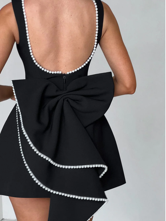 Pearl Beaded Backless Bow Flare Short Dress Pearl Beaded Backless Bow Flare Short Dress