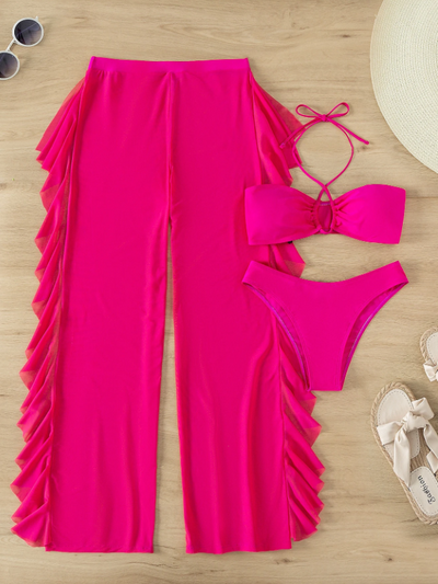 3 Piece Criss Cross Halter Bikini Coord Set & Cover Up Pants