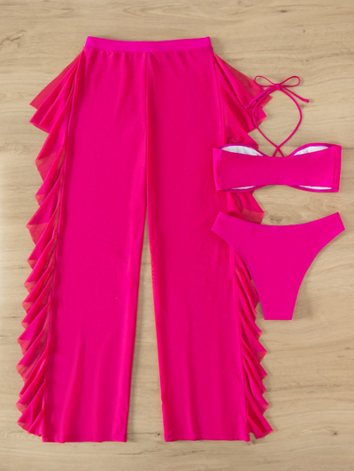 3 Piece Criss Cross Halter Bikini Coord Set & Cover Up Pants