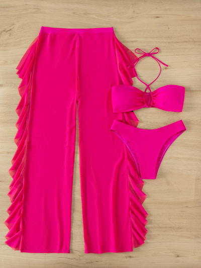 3 Piece Criss Cross Halter Bikini Coord Set & Cover Up Pants