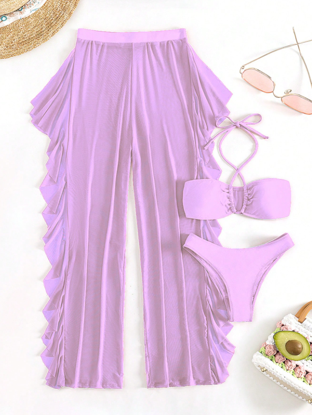 3 Piece Criss Cross Halter Bikini Coord Set & Cover Up Pants