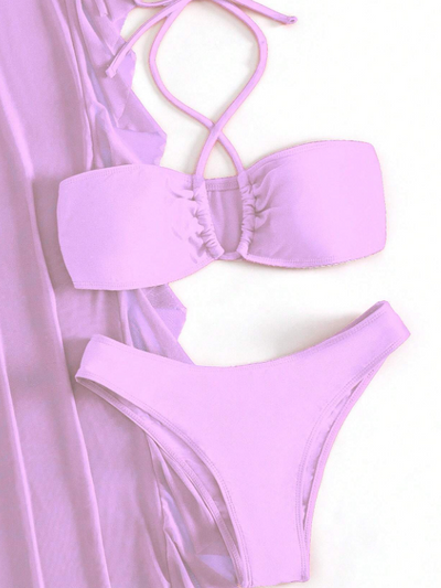 3 Piece Criss Cross Halter Bikini Coord Set & Cover Up Pants