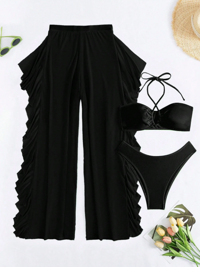 3 Piece Criss Cross Halter Bikini Coord Set & Cover Up Pants