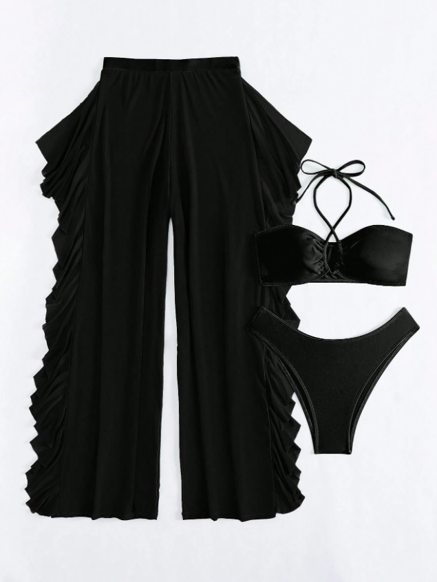 3 Piece Criss Cross Halter Bikini Coord Set & Cover Up Pants