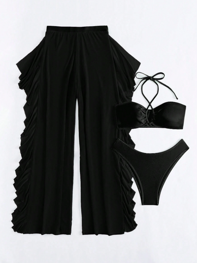 3 Piece Criss Cross Halter Bikini Coord Set & Cover Up Pants