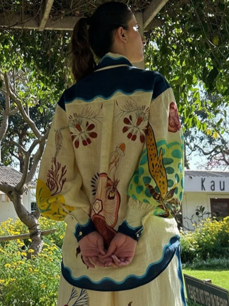 Mushroom Print Puff Sleeve Shirt & Pants Coord Set