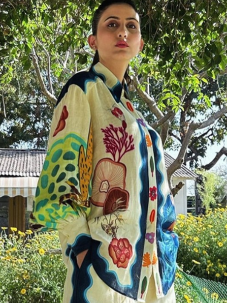 Mushroom Print Puff Sleeve Shirt & Pants Coord Set