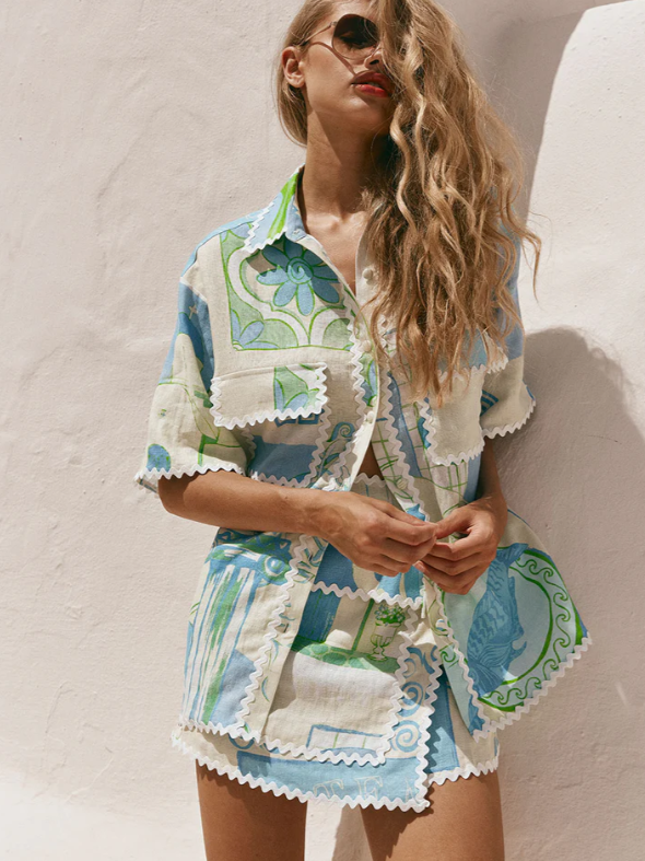 Horse Print Shirt & Wrap Skirt Coord Set