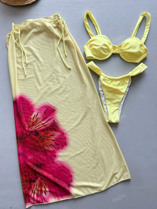 Yellow Hibiscus 3 Piece Bikini Swimsuit Set