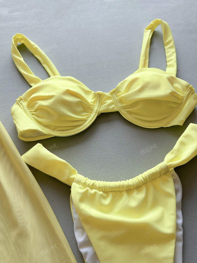 Yellow Hibiscus 3 Piece Bikini Swimsuit Set