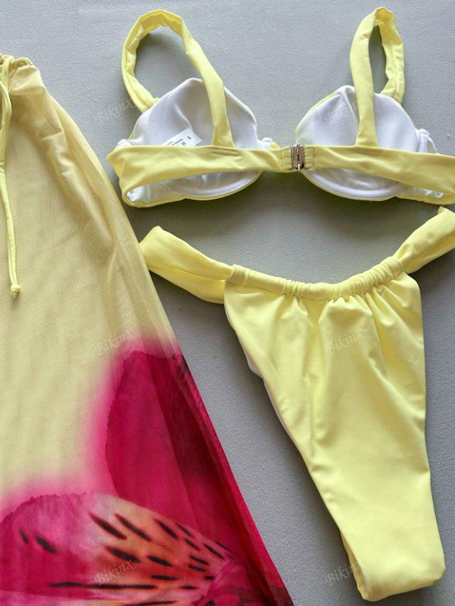 Yellow Hibiscus 3 Piece Bikini Swimsuit Set