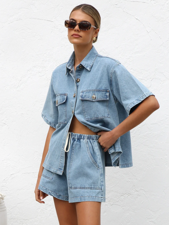 Cante Denim Shirt & Shorts Coord Set