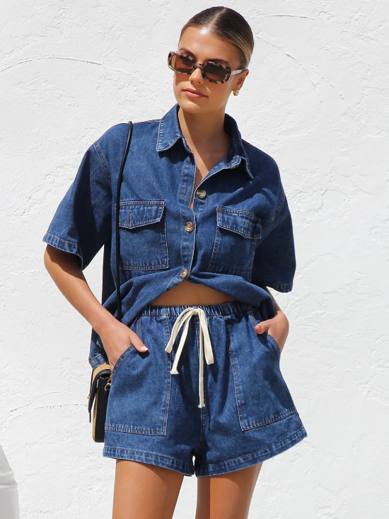 Cante Denim Shirt & Shorts Coord Set
