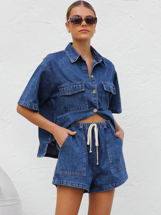 Cante Denim Shirt & Shorts Coord Set