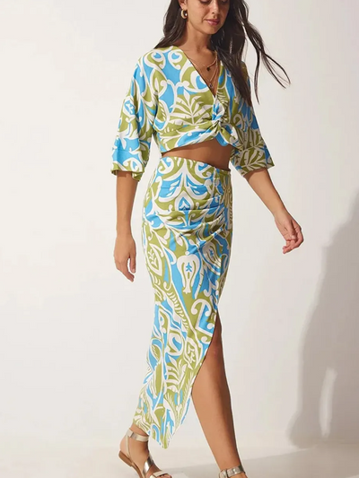 Floral Print Twisted Crop Top & Skirt Coord Set