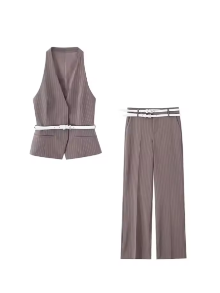 Striped Vest Waist Coat & pants Coord Set with Belt