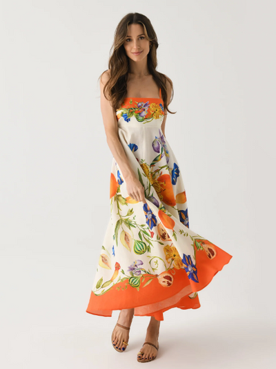 Vintage Print Sundress Midi Dress Ivory