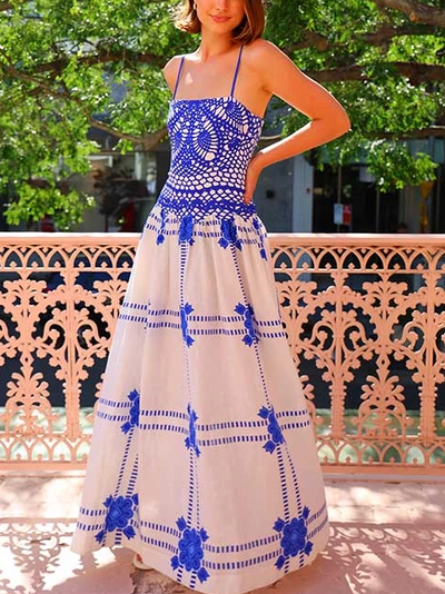 Boho Crochet Floral Print Maxi Dress