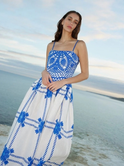 Boho Crochet Floral Print Maxi Dress