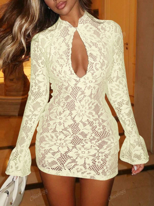 Bell Sleeves Floral Lace Hollow out Short Dress Bell Sleeves Floral Lace Hollow out Short Dress