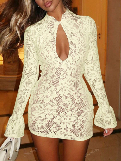 Bell Sleeves Floral Lace Hollow out Short Dress