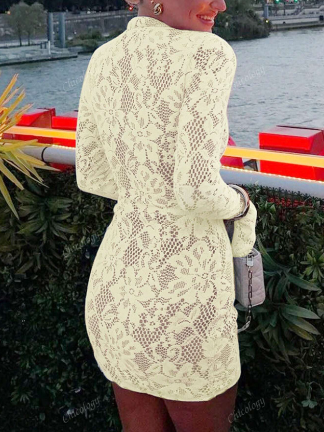 Bell Sleeves Floral Lace Hollow out Short Dress