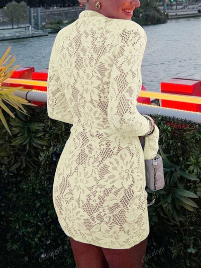 Bell Sleeves Floral Lace Hollow out Short Dress