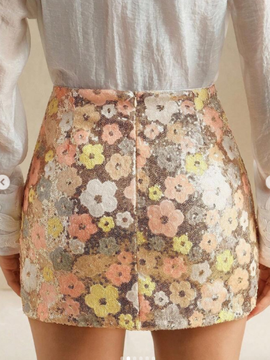 Flower Print Sequins Short Skirt