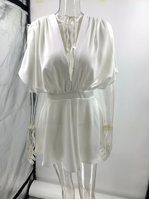 Deep V-neck Loose Satin Romper with ruffled shoulder