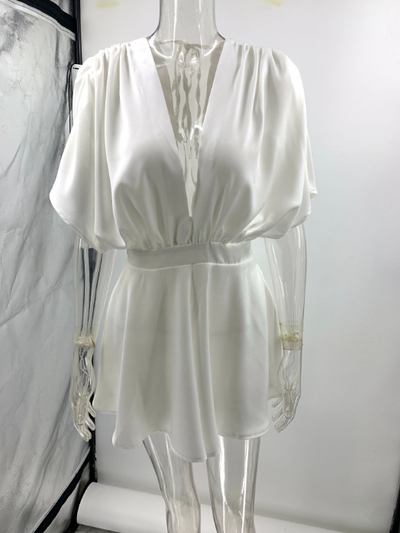 Deep V-neck Loose Satin Romper with ruffled shoulder