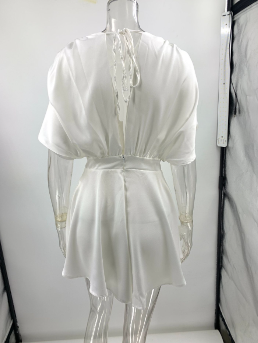 Deep V-neck Loose Satin Romper with ruffled shoulder