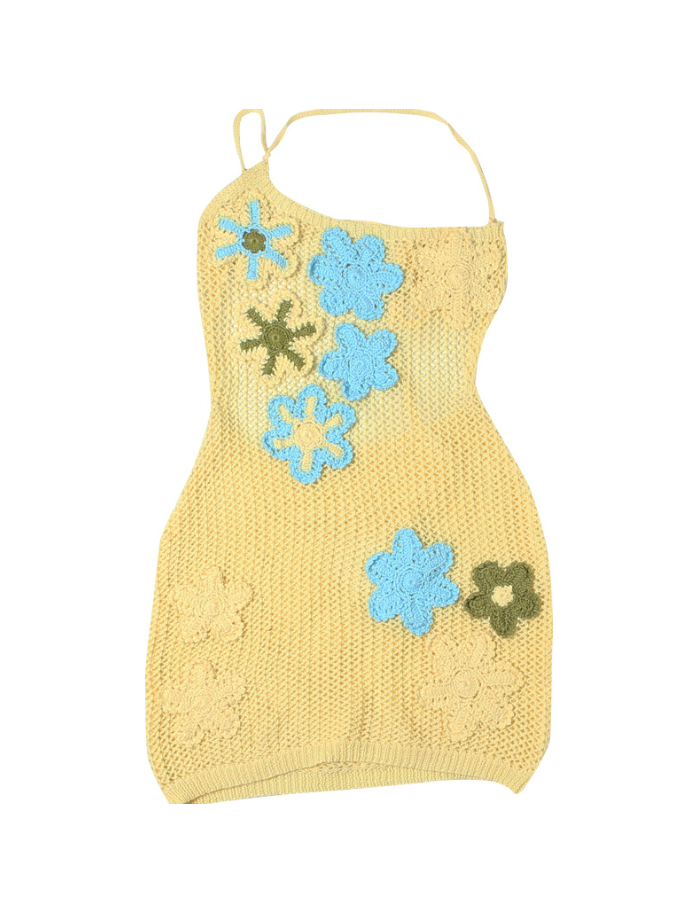 Namma One Shoulder Applique Crochet Mini Dress